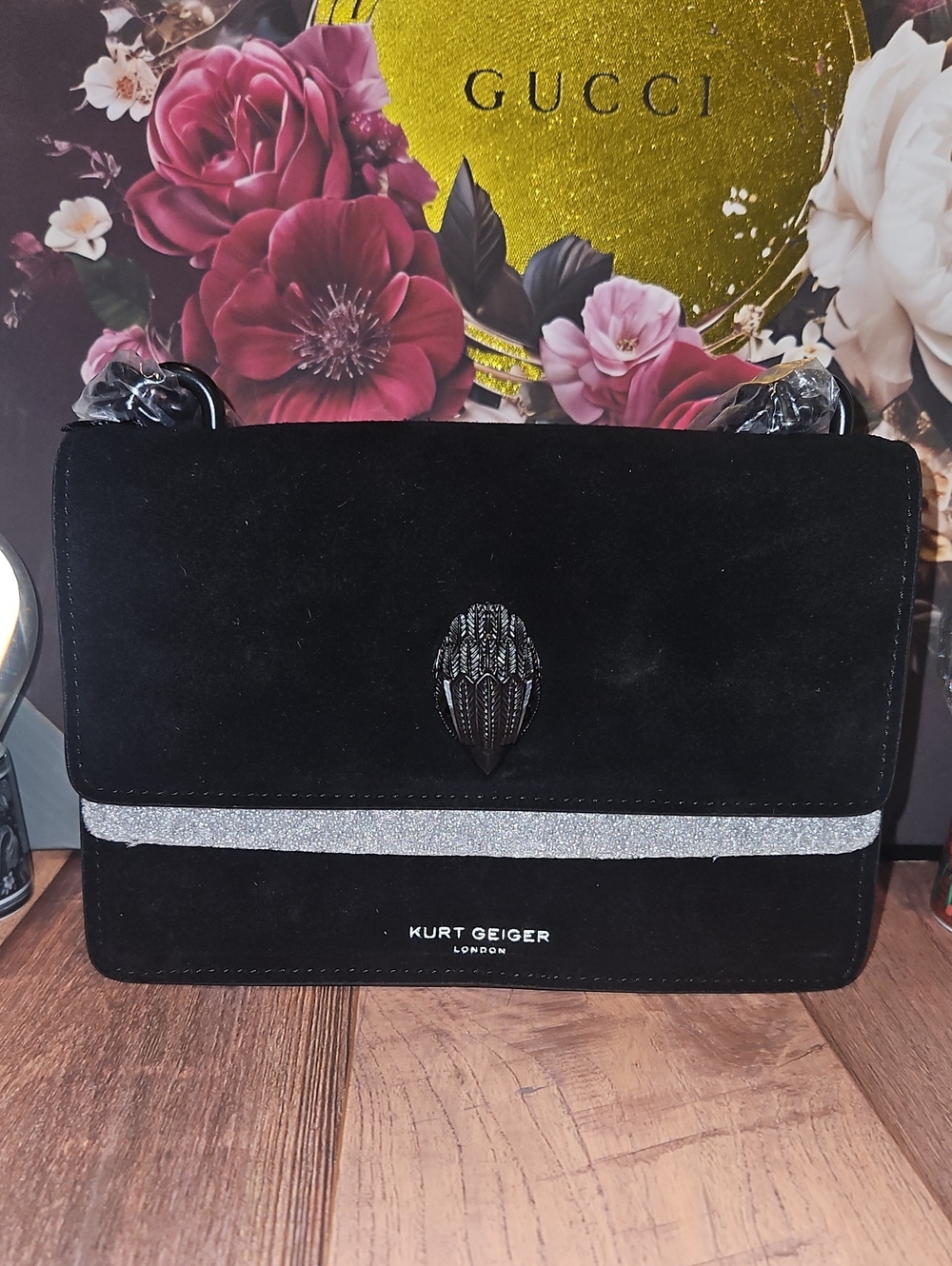 Kurt Geiger NWT Shoreditch Black Suede Crossbody Bag with Silver HW